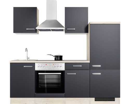 Cuisine équipée avec évier, plaque de cuisson, four, hotte aspirante et armoires