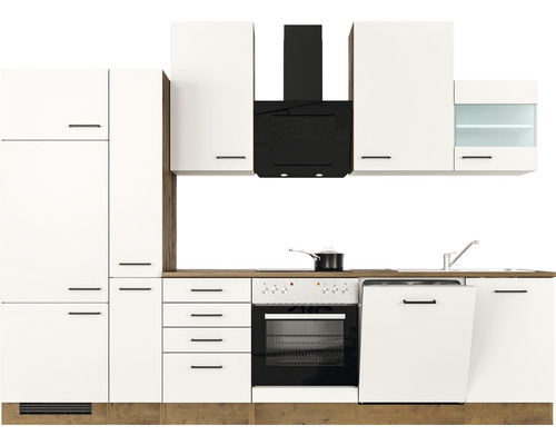 Cuisine complète avec armoires blanches, hotte aspirante et appareils électroménagers