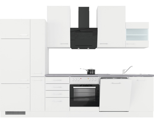 Komplette weisse Einbauküche mit Elektrogeräten, Dunstabzugshaube und Spüle.