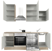 Cuisine équipée avec éléments hauts, hotte aspirante, évier, lave-vaisselle et cuisinière