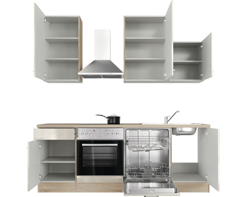 Cuisine équipée avec éléments hauts, hotte aspirante, évier, lave-vaisselle et cuisinière