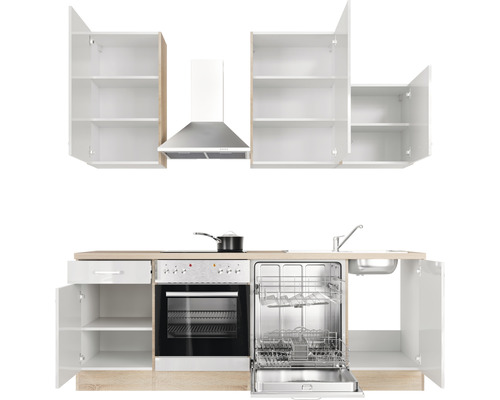 Cuisine équipée avec évier, lave-vaisselle, cuisinière, four, hotte aspirante et éléments hauts