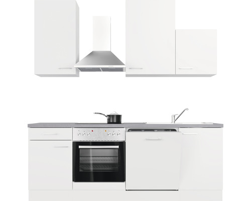 Cuisine intégrée blanche avec évier, lave-vaisselle, cuisinière, four et hotte aspirante.