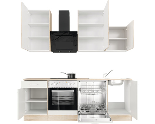Cuisine équipée avec éléments hauts, hotte aspirante, cuisinière, lave-vaisselle et évier.