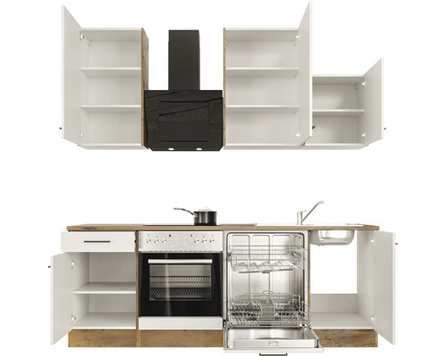 Küchenzeile mit Spüle, Geschirrspüler, Herd und Dunstabzugshaube