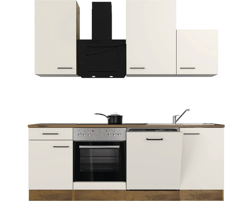 Küchenzeile mit Hängeschränken, Dunstabzugshaube, Herd, Spülmaschine und Spüle