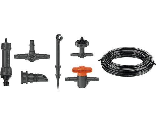 Système d''arrosage de jardin avec tuyau d''arrosage, connecteurs, filtre et piquet de terre