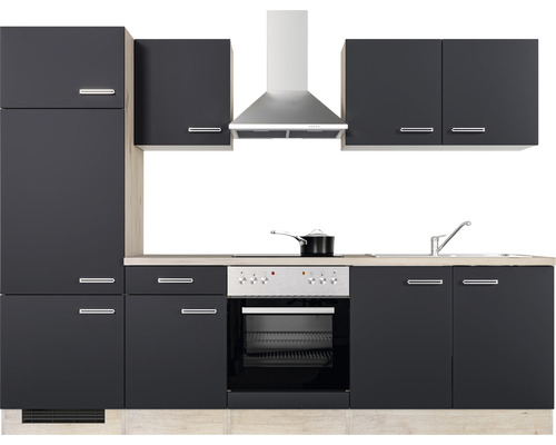 Cuisine complète avec évier, cuisinière, hotte et armoires