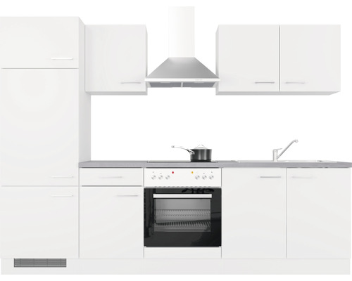 Cuisine blanche complète avec éléments hauts et bas, cuisinière, évier et hotte aspirante.