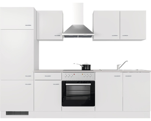 Cuisine complète blanche avec évier, cuisinière, four, hotte aspirante et armoires