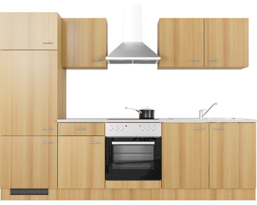 Küchenzeile mit Ober- und Unterschränken, Dunstabzugshaube und Elektroherd