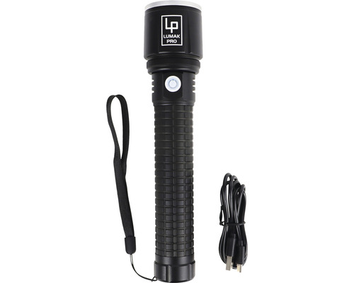Lampe de poche Lumak Pro noire avec dragonne et câble de chargement