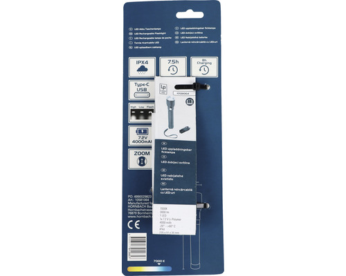 Lampe de poche LED rechargeable dans son emballage avec indice de protection IPX4, port USB type C, 7,2 V, 4000 mAh et fonction zoom