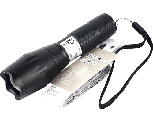Lampe de poche LED noire avec dragonne et étiquette