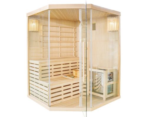 Sauna modulaire Sanotechnik Tallinn avec poêle 6 kW et commande intégrée avec couronne et porte entièrement vitrée en verre transparent