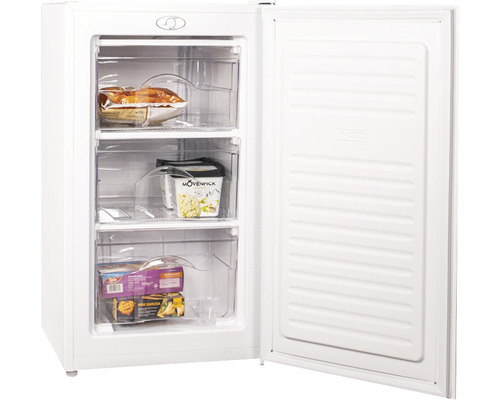 Congélateur avec trois tiroirs et porte ouverte