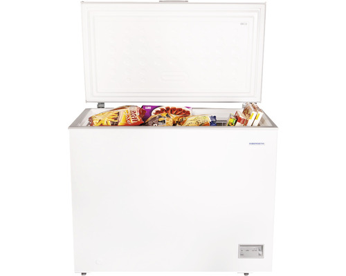 Gefriertruhe mit geöffnetem Deckel und Lebensmitteln