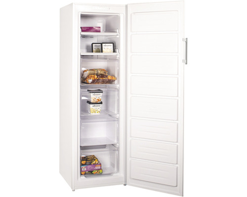 Congélateur avec tiroirs ouverts et aliments