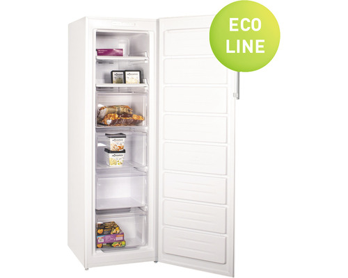Congélateur avec porte ouverte et aliments à l''intérieur, portant le label Eco Line.