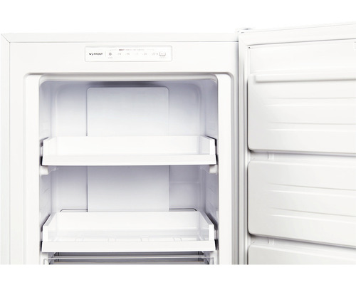 Vue intérieure d''un congélateur blanc avec des tiroirs ouverts