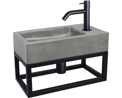 Waschtisch-Set HURA L 40x22 cm Waschbecken Beton mit Gestell, Kaltwasserhahn und Siphon in schwarz matt 38.006.09