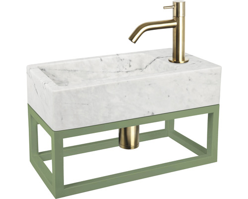 Set de lavabo HURA L 40x22 cm lavabo marbre blanc avec support en vert, robinet d'eau froide et siphon or mat 38.006.11