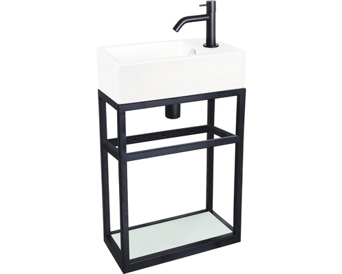 Set de lavabo HURA L 40x22 cm lavabo blanc avec support, robinet d'eau froide et siphon en noir mat haut 38.006.13