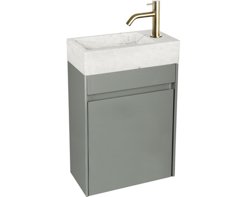 Set de lavabo Differnz HURA L 40x22 cm lavabo marbre blanc avec meuble bas en vert, robinet d'eau froide et siphon or mat 38.006.16