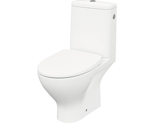 WC combiné sans bride Moduo compact avec siphon horizontal, sur pied blanc