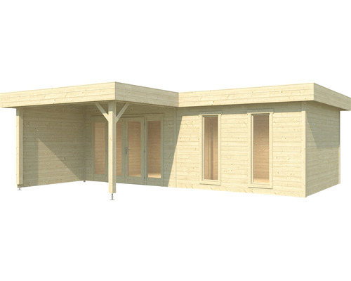 Holzgartenhaus mit überdachter Terrasse und Fenstern