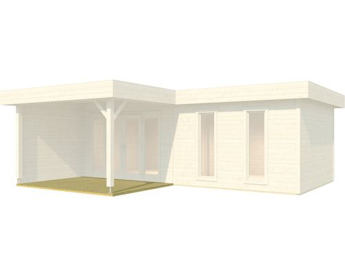 Abbildung eines Gartenhauses mit Terrasse und Flachdach.