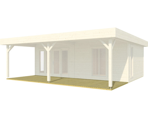 Illustration eines Holz Gartenhauses mit Flachdach und Terrasse