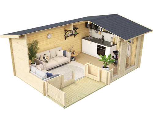 Maison de jardin en bois avec salon et cuisine