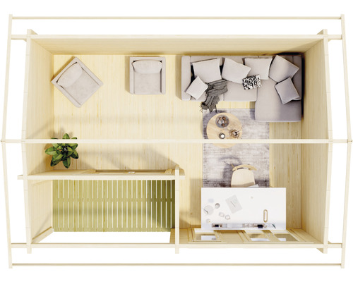 Vue intérieure d''une maison de jardin en bois avec mobilier, aménagement d''espace lumineux et organisé