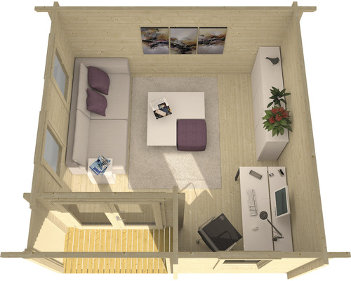 Vue intérieure d''une maison de jardin en bois avec salon et bureau