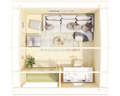 Plan d''un chalet de jardin avec coin salon et bureau