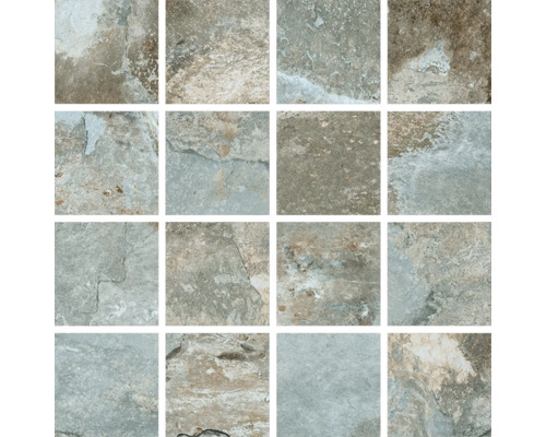Mosaïque grès cérame fin Queen green 30x30 cm mat Disposition de seize carreaux muraux carrés à l''aspect pierre.