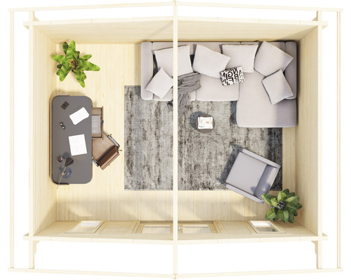 Vue de dessus d''une maison de jardin avec bureau et espace de vie, équipée d''un bureau, d''une chaise de bureau, d''un canapé, d''un fauteuil et d''un tapis