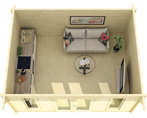 Vue intérieure d''une maison en bois avec cuisine, canapé, table et télévision