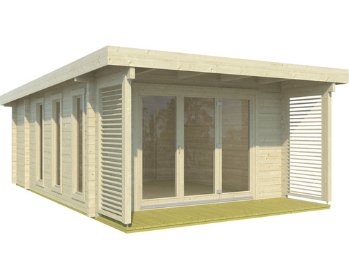 Abri de jardin moderne en bois avec façade en verre et terrasse