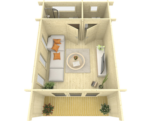 Vue intérieure d''un chalet de jardin avec salon, salle de bain et terrasse couverte.