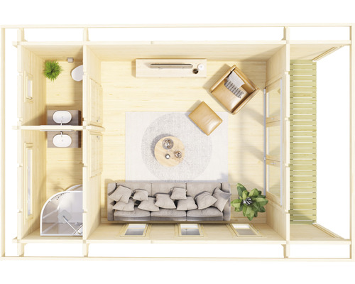 Vue de dessus d''une maison en bois avec salle de bain, salon et terrasse