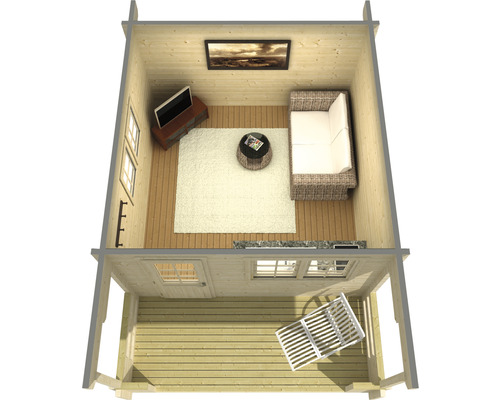 Vue intérieure d''une maison en bois avec salon et terrasse