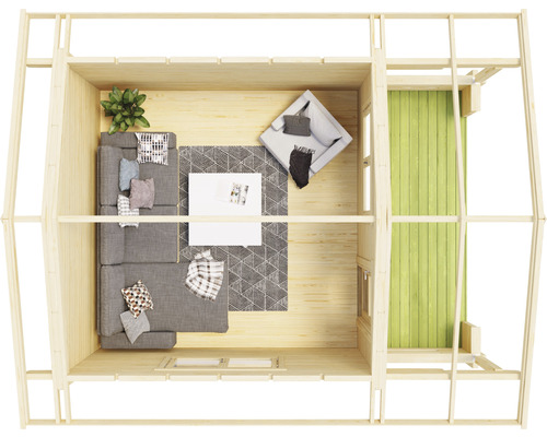 Vue de dessus de l''intérieur d''un abri de jardin avec canapé, tapis et table