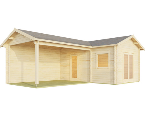 Abri de jardin en bois avec terrasse couverte, fenêtre et double porte.