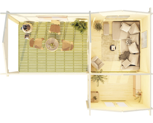 Plan d''une maison en bois avec terrasse et espace de vie