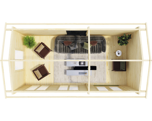 Vue intérieure d''une maison en bois avec salon et mobilier