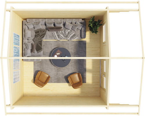 Vue de dessus d''un abri de jardin aménagé avec canapé, fauteuils et table