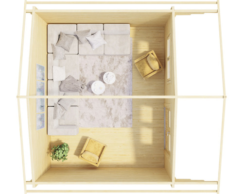 Draufsicht eines Holzhauses mit Möbeln, darunter ein Sofa, Sessel und ein Teppich