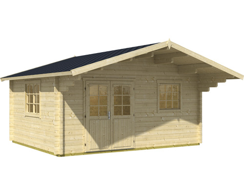 Abri de jardin en bois avec toit à deux pentes, double porte et fenêtres